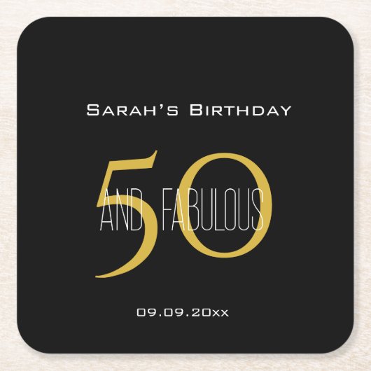 50 & Fabulous Verjaardag Elegant Zwart en Goud Kartonnen Onderzetters (Voorkant)