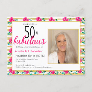 50 & Fabulous Verjaardag Goud Roze Bloemen Uitnodiging Briefkaart