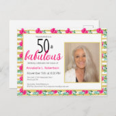 50 & Fabulous Verjaardag Goud Roze Bloemen Uitnodiging Briefkaart (Voorkant / Achterkant)