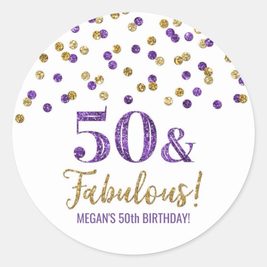 50 & Fabulous Verjaardag Paarse Gouden Confetti Ronde Sticker (Voorkant)