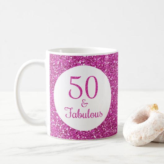 50 & Fabulous Verjaardag Roze Glitter Koffiemok (Met donut)