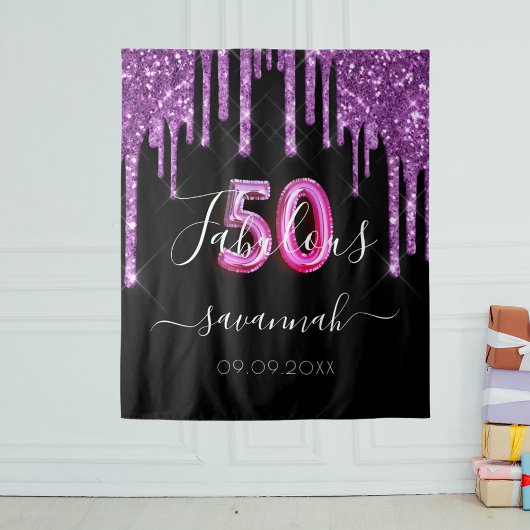 50 Fabulous verjaardag zwart paarse glitter Wandkleed