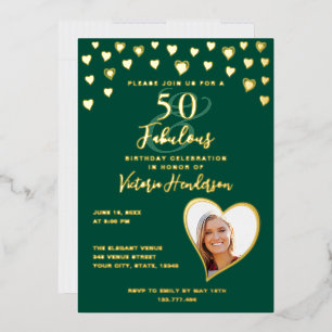 50 & Fabulous Verjaardagsfoto Smaragdgroen & Goud Folie Uitnodiging