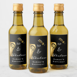 50 & Fabulous Zwart Goud Verjaardag Mini Fles Wijn Etiket