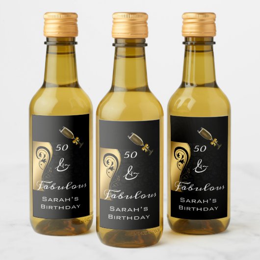 50 & Fabulous Zwart Goud Verjaardag Mini Fles Wijn Etiket (Flessen)