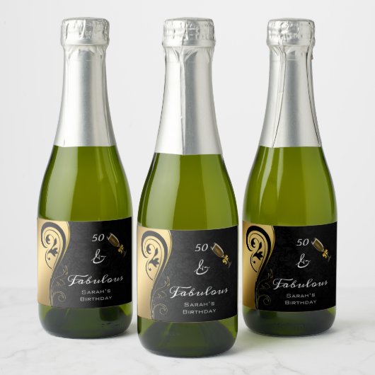50 & Fabulous Zwart Goud Verjaardag Mini Sparkling Sparkling Wijnetiket (Flessen)