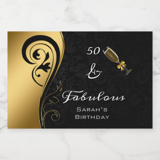 50 & Fabulous Zwart Goud Verjaardag Mini Sparkling Sparkling Wijnetiket (Enkel label)
