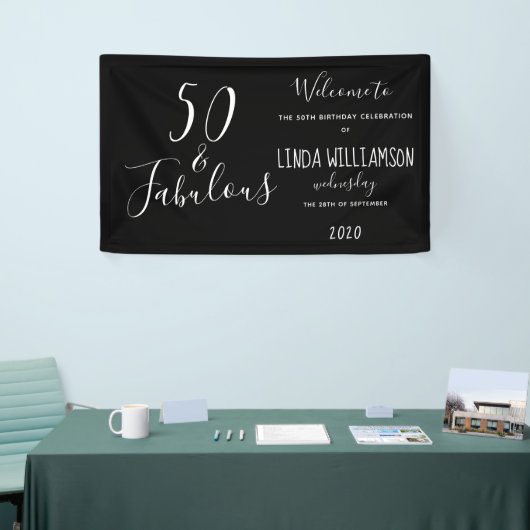 50 & Fabulous Zwart Modern Verjaardag Spandoek (Beurs)