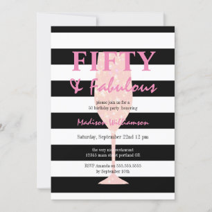 50 & Fabulous Zwart Witte Streep Roze Champagne Kaart