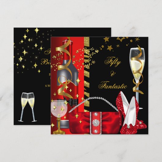 50 & Fantastic Red Black Gold Party Kaart (Voorkant / Achterkant)