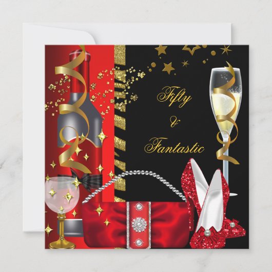 50 & Fantastic Red Black Gold Party Kaart (Voorkant)