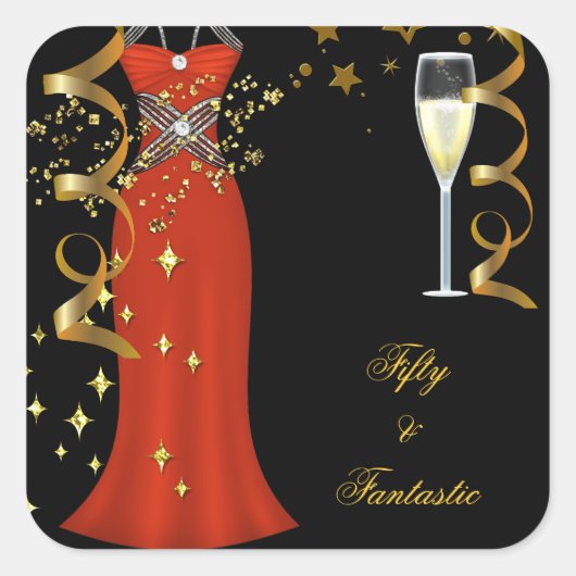 50 Fantastic Red Dress Zwart Goud Sticker SQ (Voorkant)