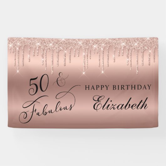 50 Fantastisch Roos Gold Glitter Birthday Party Spandoek (Horizontaal)
