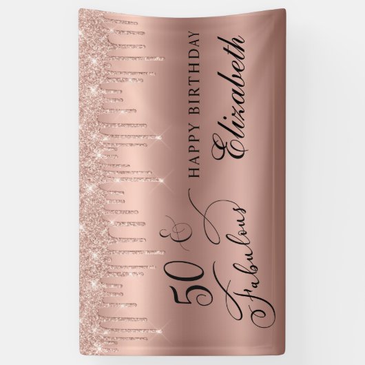 50 Fantastisch Roos Gold Glitter Birthday Party Spandoek (Verticaal)