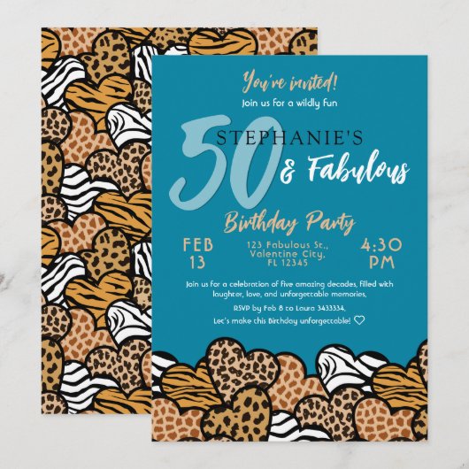 50 & Fantastische Blauwgroen Wilde Harten Vijftig Kaart (Voorkant / Achterkant)