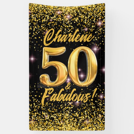 50 fantastische gouden glitter roze sterren 50e ve spandoek (Verticaal)