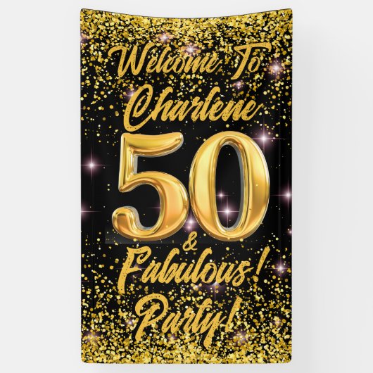 50 fantastische gouden glitter roze sterren 50e ve spandoek (Verticaal)