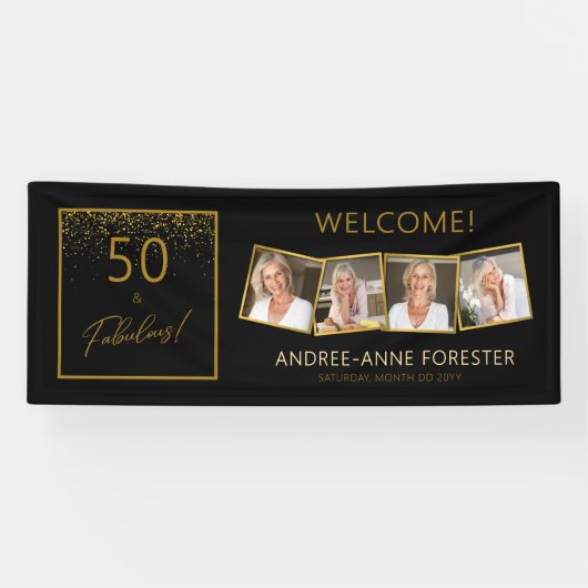 50 Fantastische Verjaardag Goud Zwart Foto Welkom Spandoek (Horizontaal)