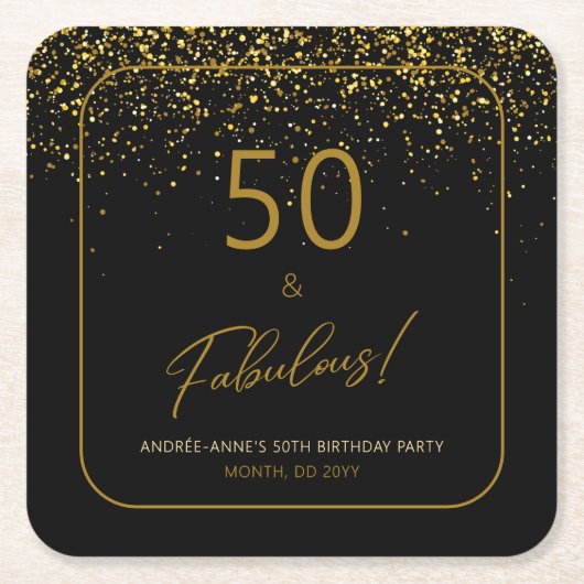 50 fantastische verjaardag Goud Zwart Glitter Kartonnen Onderzetters (Voorkant)