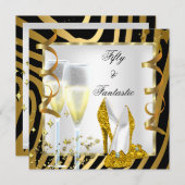 50 & Fantastische Zebra Black White Gold Party Kaart (Voorkant / Achterkant)