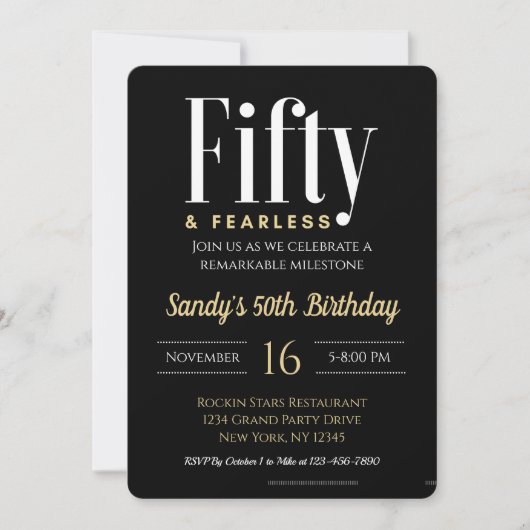 50 & Fearless Verjaardag Elegant Modern Zwart Cust Kaart (Voorkant)
