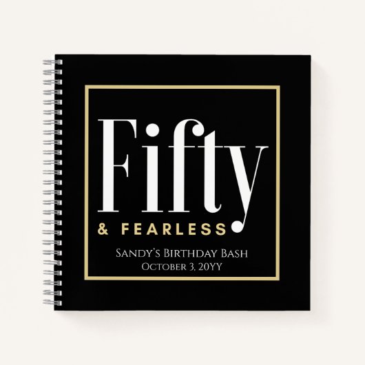 50 & Fearless Verjaardag Elegant Modern Zwart Cust Notitieboek (Voorkant)