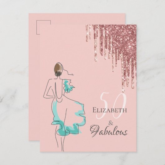 50 & geweldige roos gouden glitter-uitnodiging briefkaart (Voorkant / Achterkant)