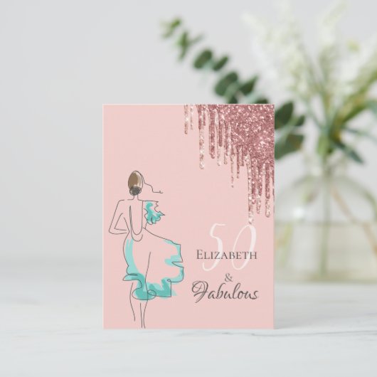 50 & geweldige roos gouden glitter-uitnodiging briefkaart (Staand voorkant)