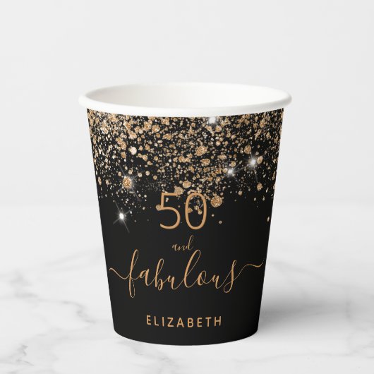 50 geweldige verjaardag zwarte goudglitter papieren bekers (Voorkant)