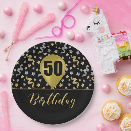 50 Gouden Verjaardagsballon op Zwart Goud Confetti Papieren Bordje (Feest)