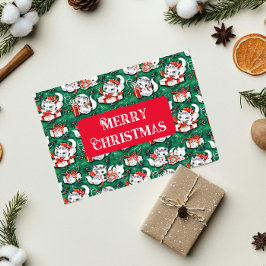 50-inch Green Vintage-kerstpatroon met Kittens Feestdagenkaart