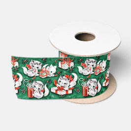 50-inch Green Vintage-kerstpatroon met Kittens Satijnen Lint