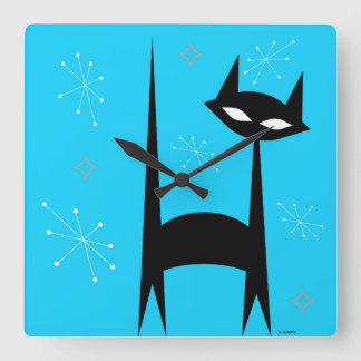 50-inch Retro Black Cat Blue Pop Art-klok Vierkante Klok