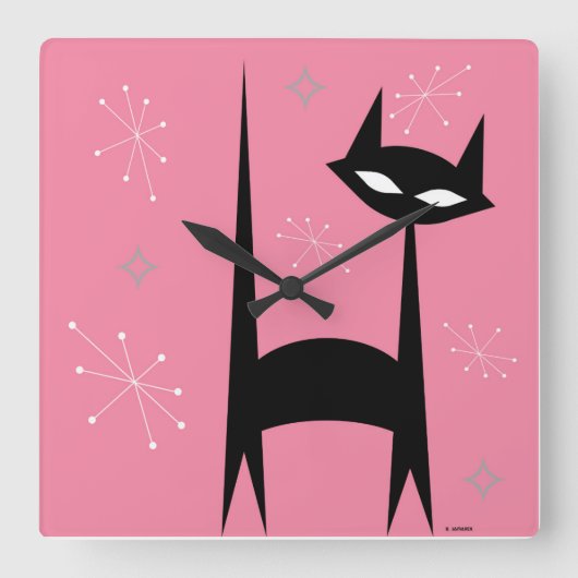 50-inch Retro Black Cat Pink Pop Art-klok Vierkante Klok (Voorkant)