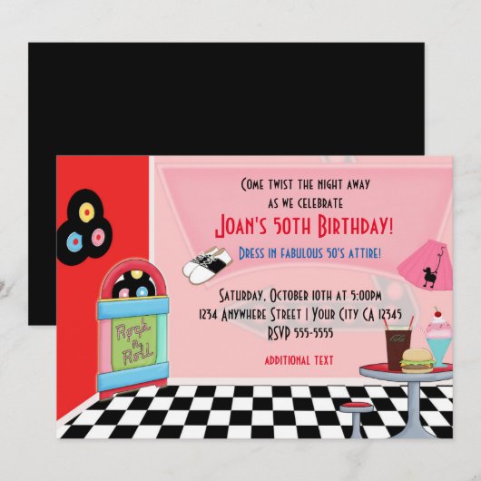 50-inch vijftig Diner Sock Hop Party-uitnodigingen Kaart (Voorkant / Achterkant)