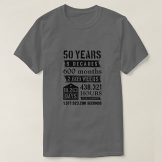 50 jaar 5 decades 600 maanden geboortedag t-shirt