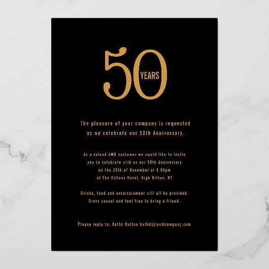 50 jaar bedrijfsjubileumfeest goud zwart folie uitnodiging (Achterkant)