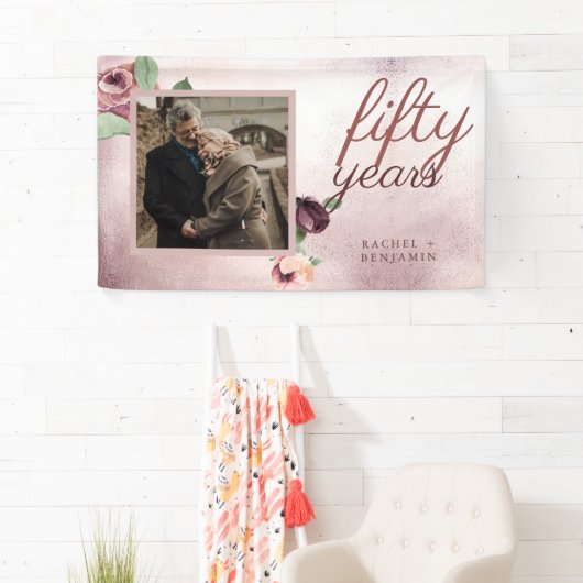 50 jaar bruiloft Jubileum Roos Gold Floral Spandoek (Insitu)