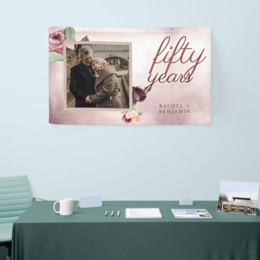 50 jaar bruiloft Jubileum Roos Gold Floral Spandoek (Beurs)