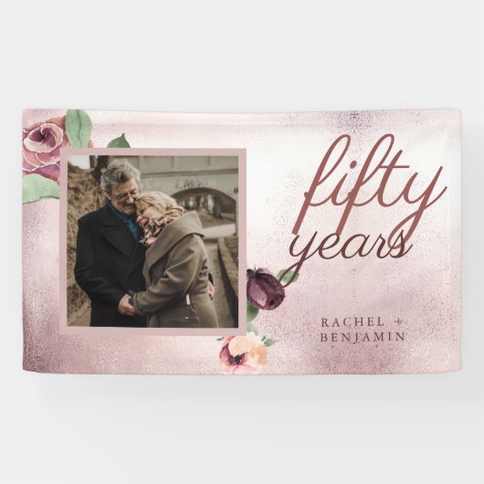 50 jaar bruiloft Jubileum Roos Gold Floral Spandoek (Horizontaal)