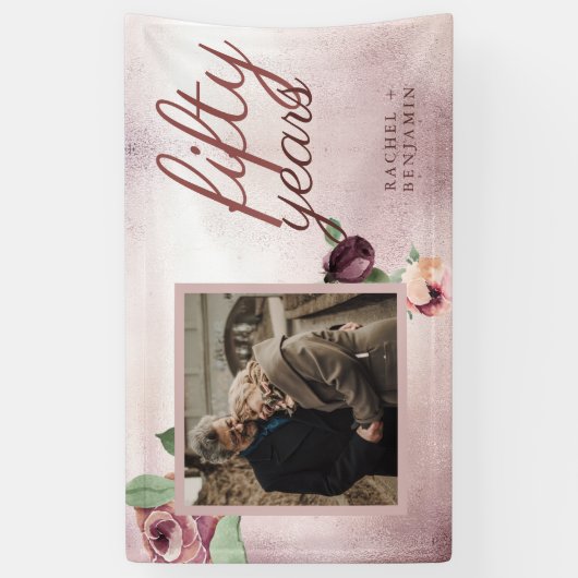 50 jaar bruiloft Jubileum Roos Gold Floral Spandoek (Verticaal)