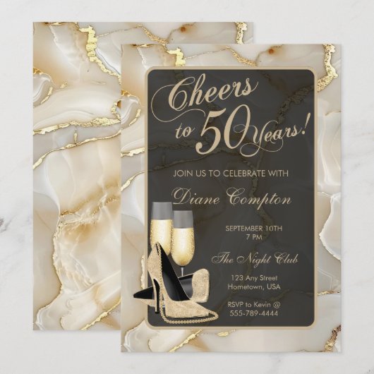 50 jaar champagne en zwarte verjaardag kaart (Voorkant / Achterkant)