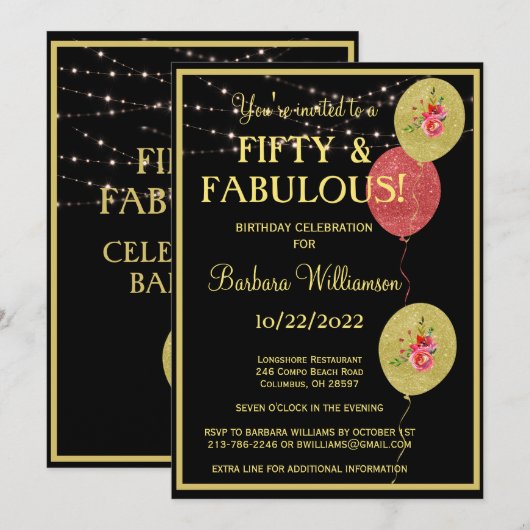 50 jaar en Fabulous Birthday Black Gold Kaart (Voorkant / Achterkant)