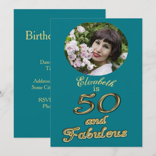 50 jaar en Fabulous Birthday Gold Blauwgroen Blue  Kaart (Voorkant / Achterkant)