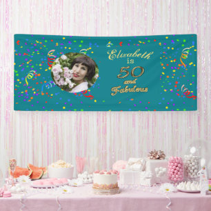 50 jaar en Fabulous Birthday Gold Blauwgroen Blue Spandoek