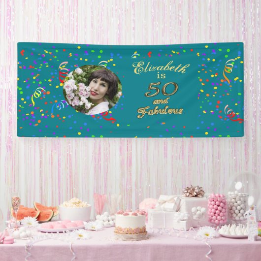 50 jaar en Fabulous Birthday Gold Blauwgroen Blue  Spandoek (Feest)