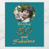 50 jaar en Fabulous Birthday Gold Blauwgroen Blue  Wijn Etiket (Enkel label)