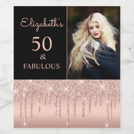 50 jaar en Fabulous Roos Gold Drips op feestdag Wi Wijn Etiket (Enkel label)