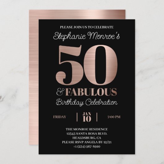 50 jaar en Fabulous Roos Gold Typografie Kaart (Voorkant / Achterkant)