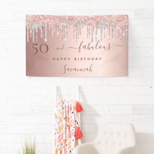 50 jaar en Fabulous verjaardagsgoudzilver roos Spandoek (Insitu)